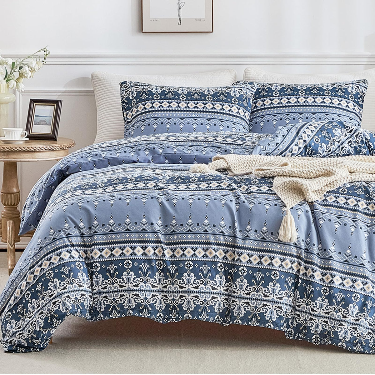 Lekesky Boho Duvet Cover Queen Size, Blue Comforter Cover Queen Size White Geometric Floral Printed Duvet Set, 3 Pieces Soft Mic