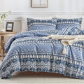 Lekesky Boho Duvet Cover King Size, Blue Comforter Cover King Size White Geometric Floral Printed Duvet Set, 3 Pieces Soft Micro