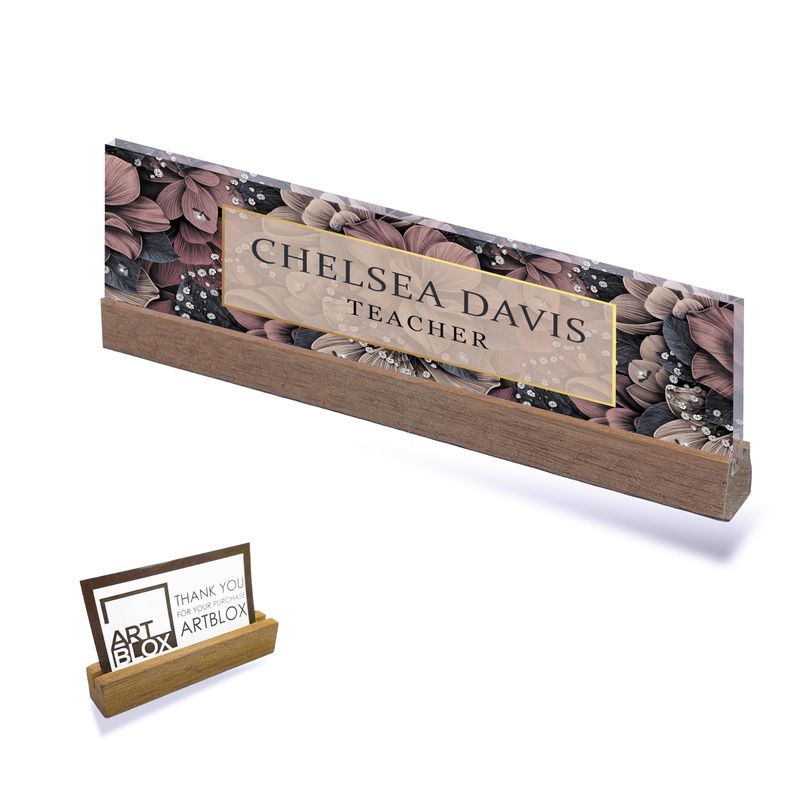 Artblox | Office Personalized Name Plate Women Flower Design On Clear Acrylic Glass For Desk With Business Card Holder