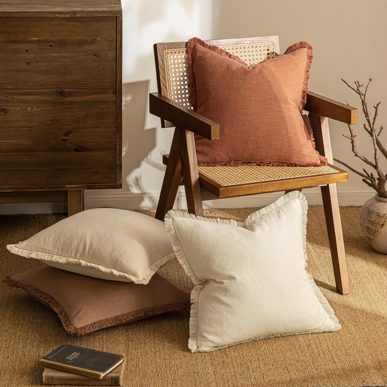 Miulee Decorative Throw Pillow Covers Neutral Linen Fringe Throw Pillows Set Of 2 Brick Boho Farmhouse Cushion Covers With Tassels For Couch Sofa Bed Living Room Spring Home Decor 18X18 Inch