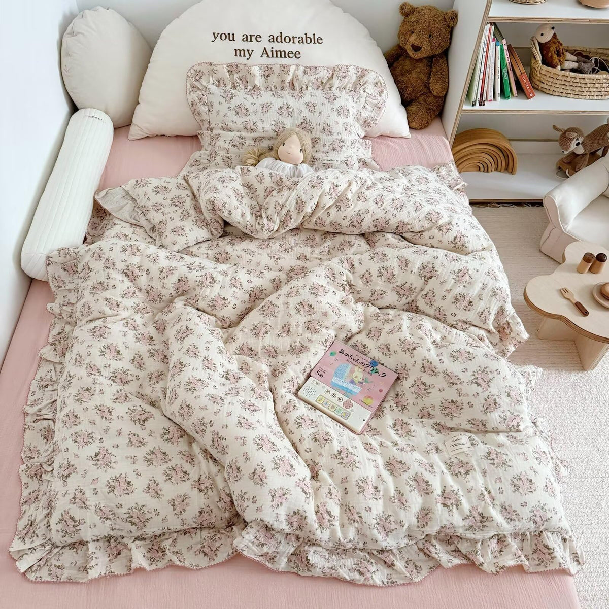 Bulutu Girls Toddler Kids Duvet Cover Pink Floral Chic Duvet Covers With Ruffles Muslin Cotton Soft Comforter Cover, 47'X59',