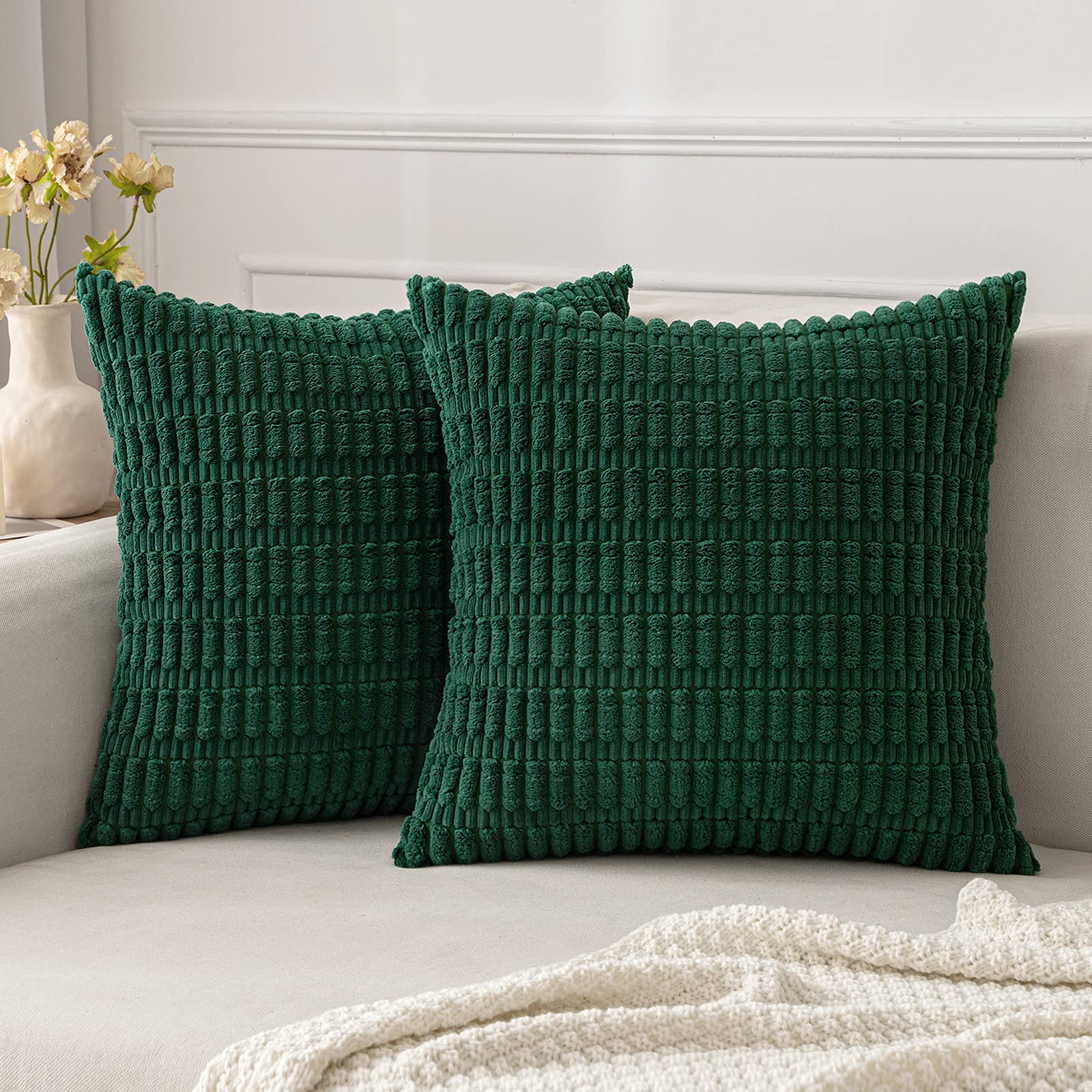 Miulee Pack Of 2 Dark Green Corduroy Decorative Pillow Covers 18X18 Inch Soft Boho Striped Throw Pillow Covers Modern Farmhouse