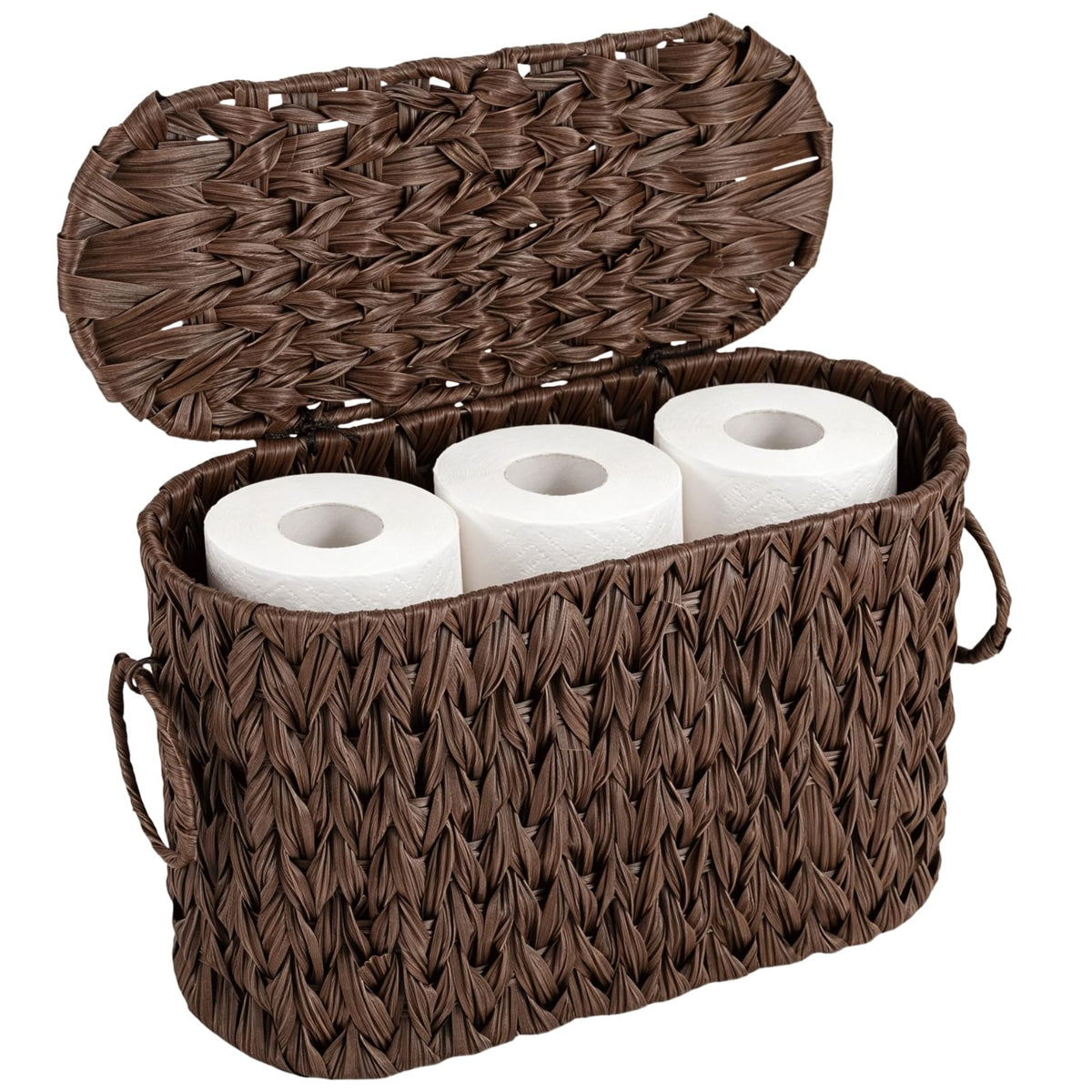 Toilet Paper Storage Basket, 15.7 x 6.5 x 9.8 in Plastic Woven Toilet Paper Holder with Lid for 6 Mega Rolls, Slim Waterproof Ba