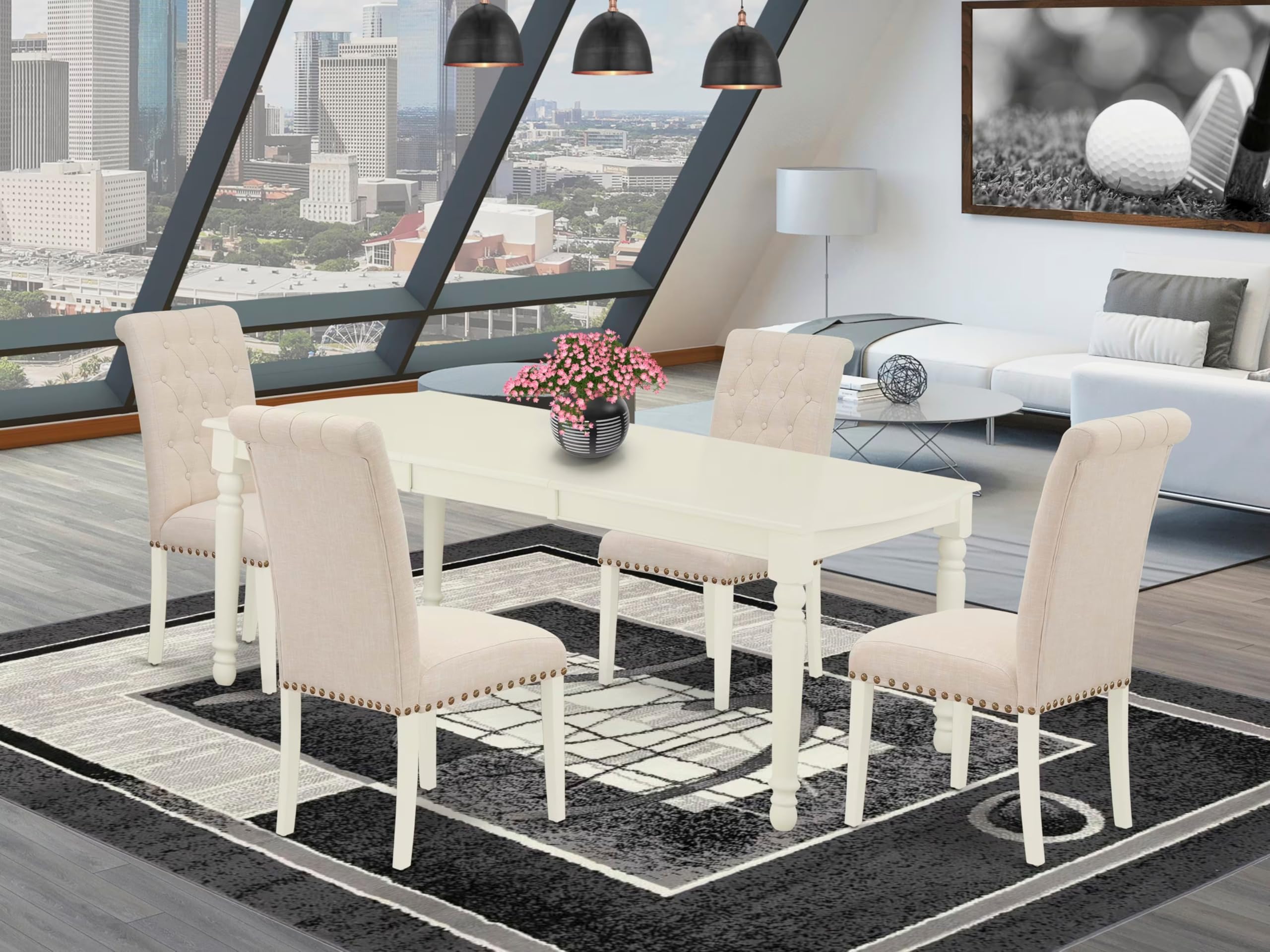 East West Furniture Dobr5-Lwh-02 5 Piece Dining Set Includes A Rectangle Dining Room Table With Butterfly Leaf And 4 Light Beige Linen Fabric Upholstered Chairs, 42X78 Inch, Linen White