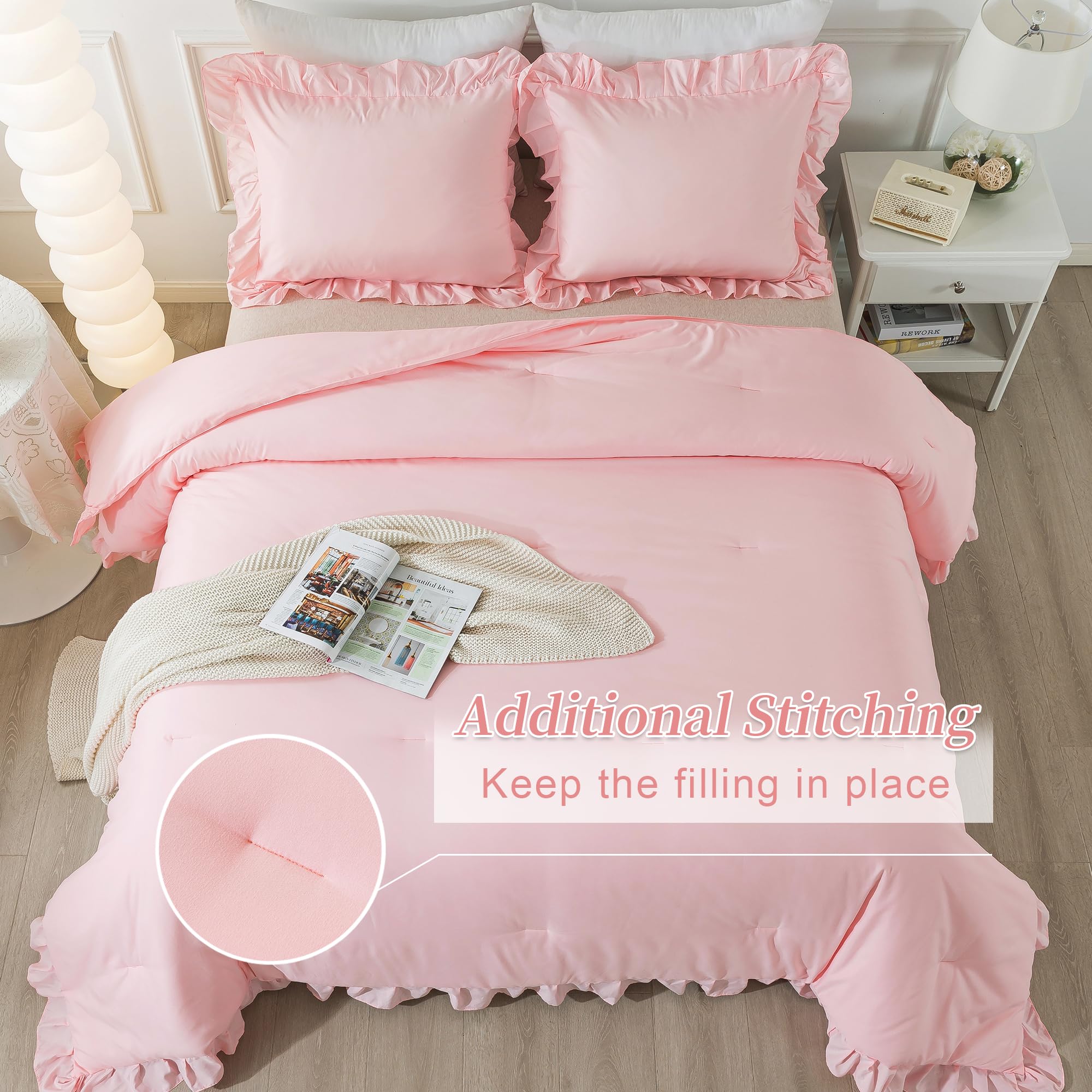 Andency Pink Ruffle Comforter King, 3 Pieces Solid Farmhouse Shabby Chic Comforter, Vintage Rustic Lightweight Soft Microfiber Bedding Set All Season (104X90Inch Comforter)