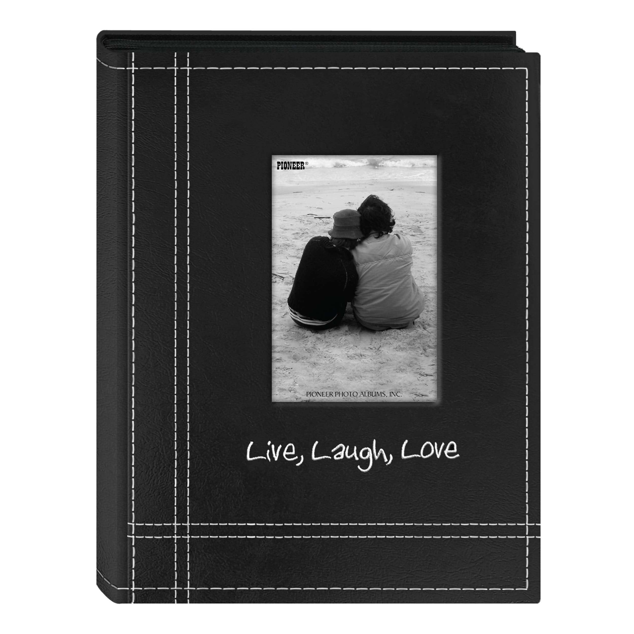 Pioneer LLL46 Live, Laugh, Love Embroidered Frame Cover Sewn Leatherette Mini Photo Album, Black