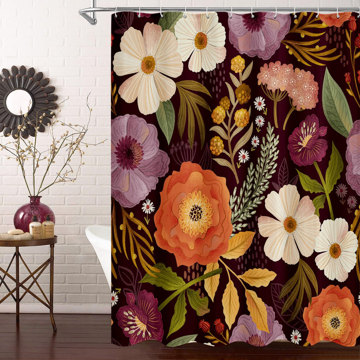 Mitovilla Boho Floral Shower Curtain, Abstract Plant Leaves Shower Curtains For Chic Elegant Bathroom Decor, Luxury Fabric Cloth