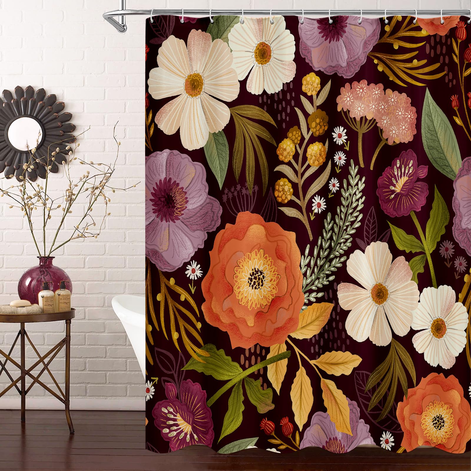 Mitovilla Boho Floral Shower Curtain, Abstract Plant Leaves Shower Curtains For Chic Elegant Bathroom Decor, Luxury Fabric Cloth