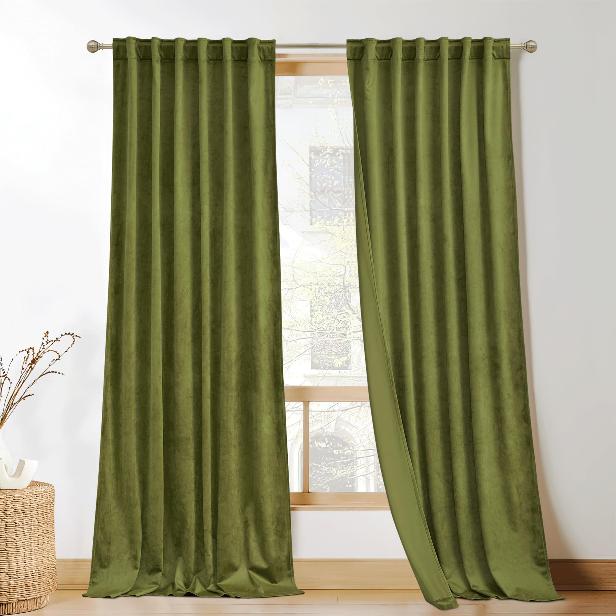 Kgorge Olive Green Velvet Curtains 84 Inches Long, Farmhouse Silky Smooth Privacy Curtain & Drape For Living Room Sliding Door,