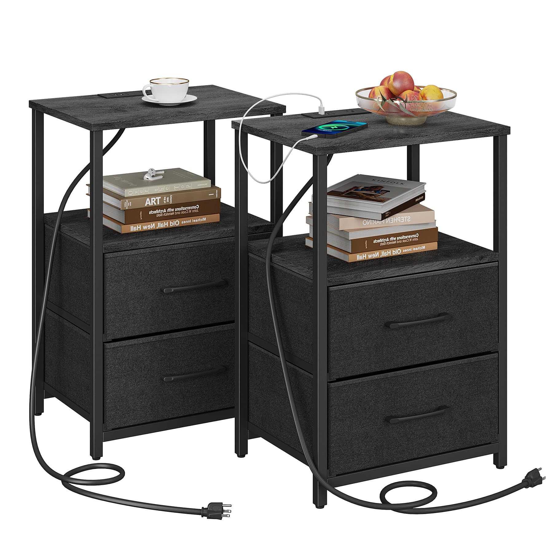 Tutotak End Table With Charging Station, Side Table With 2 Usb Ports And Outlets, Nightstand With Cloth Drawer, Set Of 2, Couch Table, Charcoal Grey Tb01By052