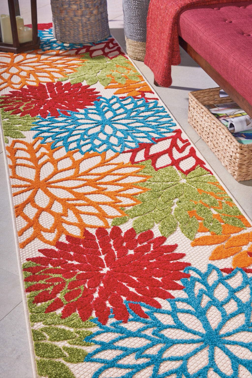 HomeRoots 12' Runner Green and Ivory Floral Indoor Outdoor Runner Rug