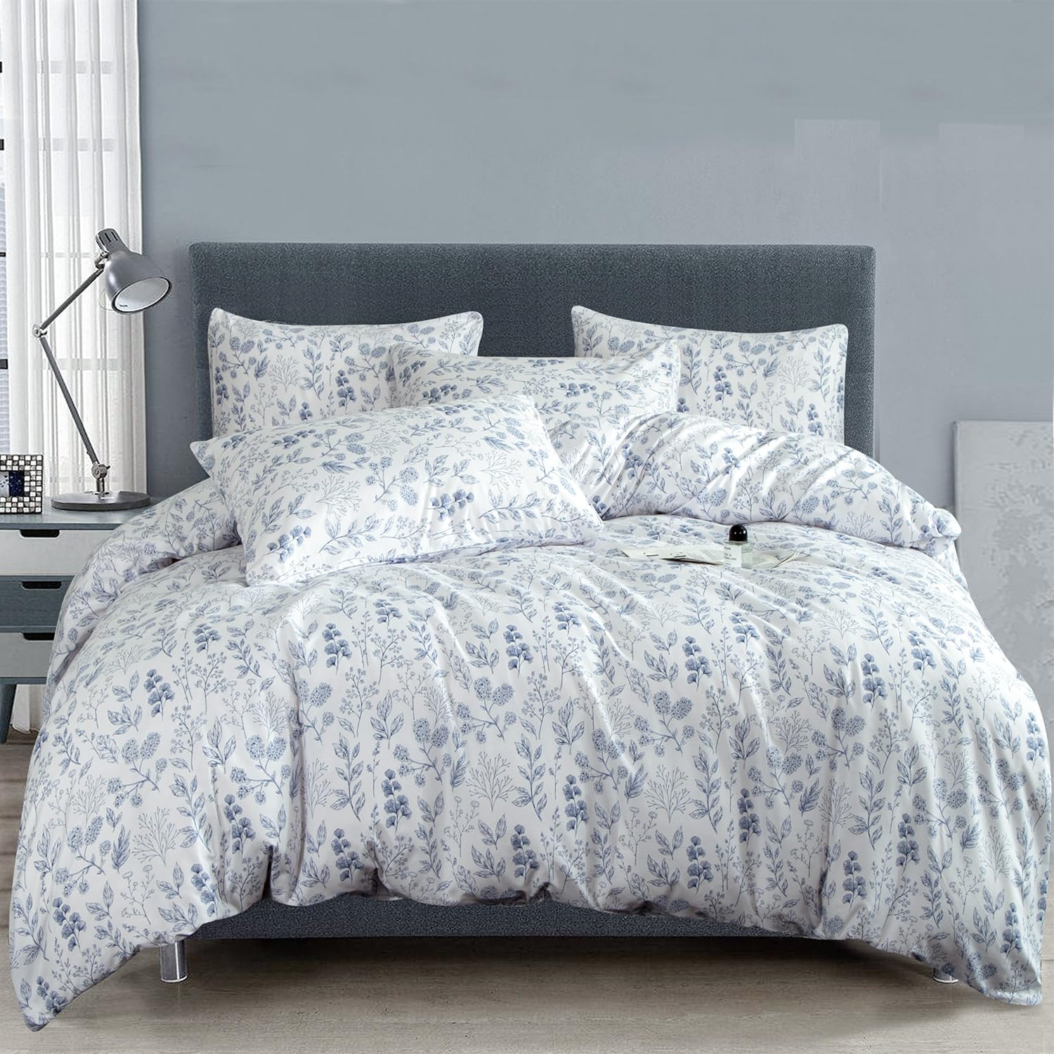 Jane Yre Flower Queen Duvet Cover Brushed Microfiber 3 Pieces Floral Bedding Set Queen Garden Style Blue Floral Pattern Flower Q