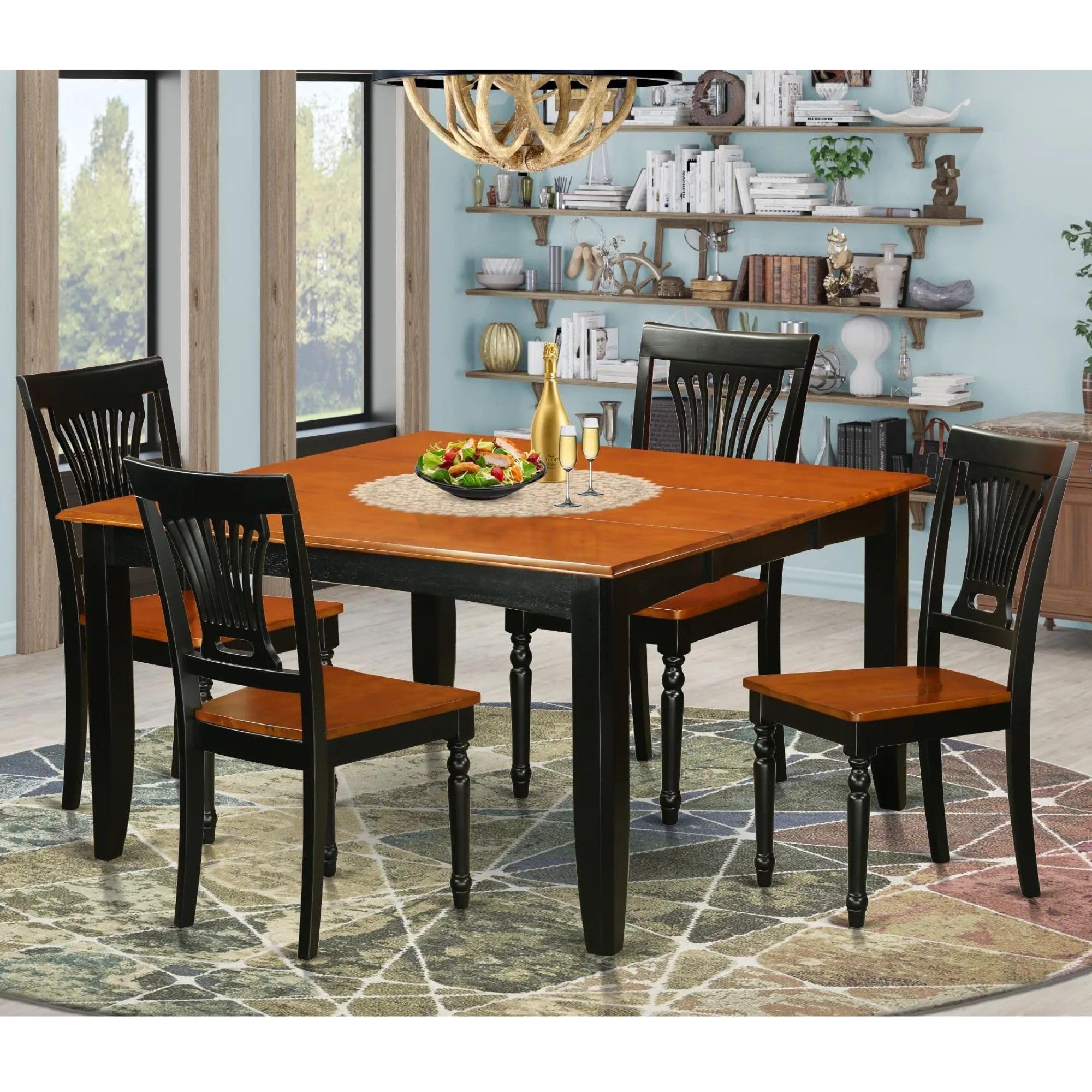East West Furniture PFPL5-BCH-W 5 Piece Dining Set Includes a Square Dining Table with Butterfly Leaf and 4 Kitchen Chairs, 54x54 Inch, Black & Cherry