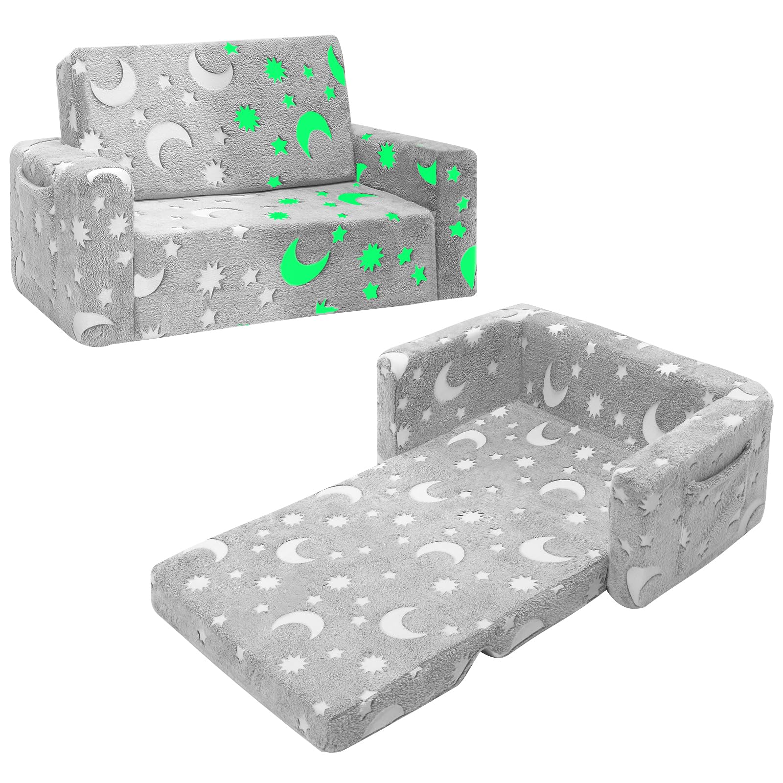 Sliguy Kids Couch, Fold Out Kids Sofa Chair, Toddler Convertible Sofa To Lounger Pull Out Couch, Glow In The Dark Sofa Chair For