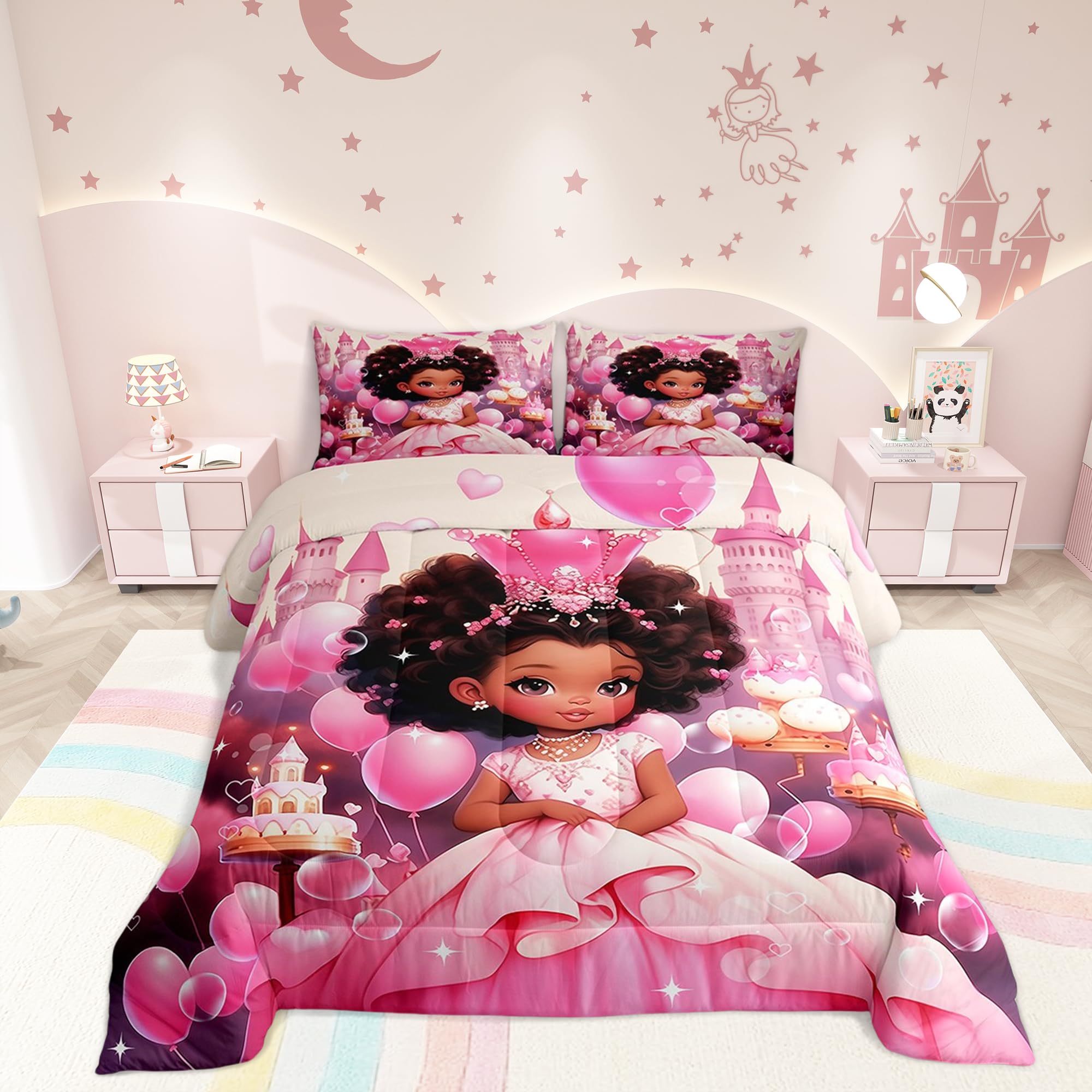 Manfei American Style Girl Twin Size Comforter Set For All Seasons,Fairy Tale Black Princess Crown Glitter Bedding Set,Dreamy Pi