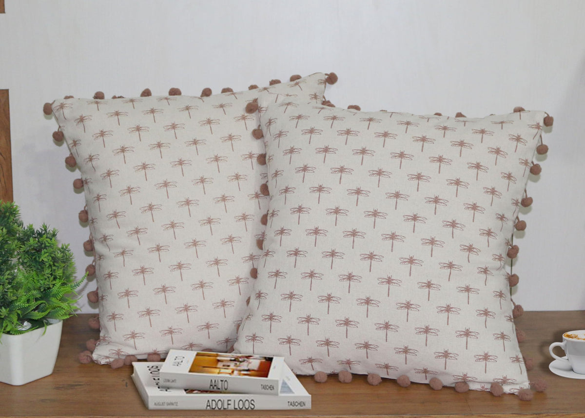 Tiny Break Cotton Decorative Throw Pillow Case  Dragonfly Printed Cushion Covers With Pom Pom  18 X 18 Inch  Set Of 2  Sandr