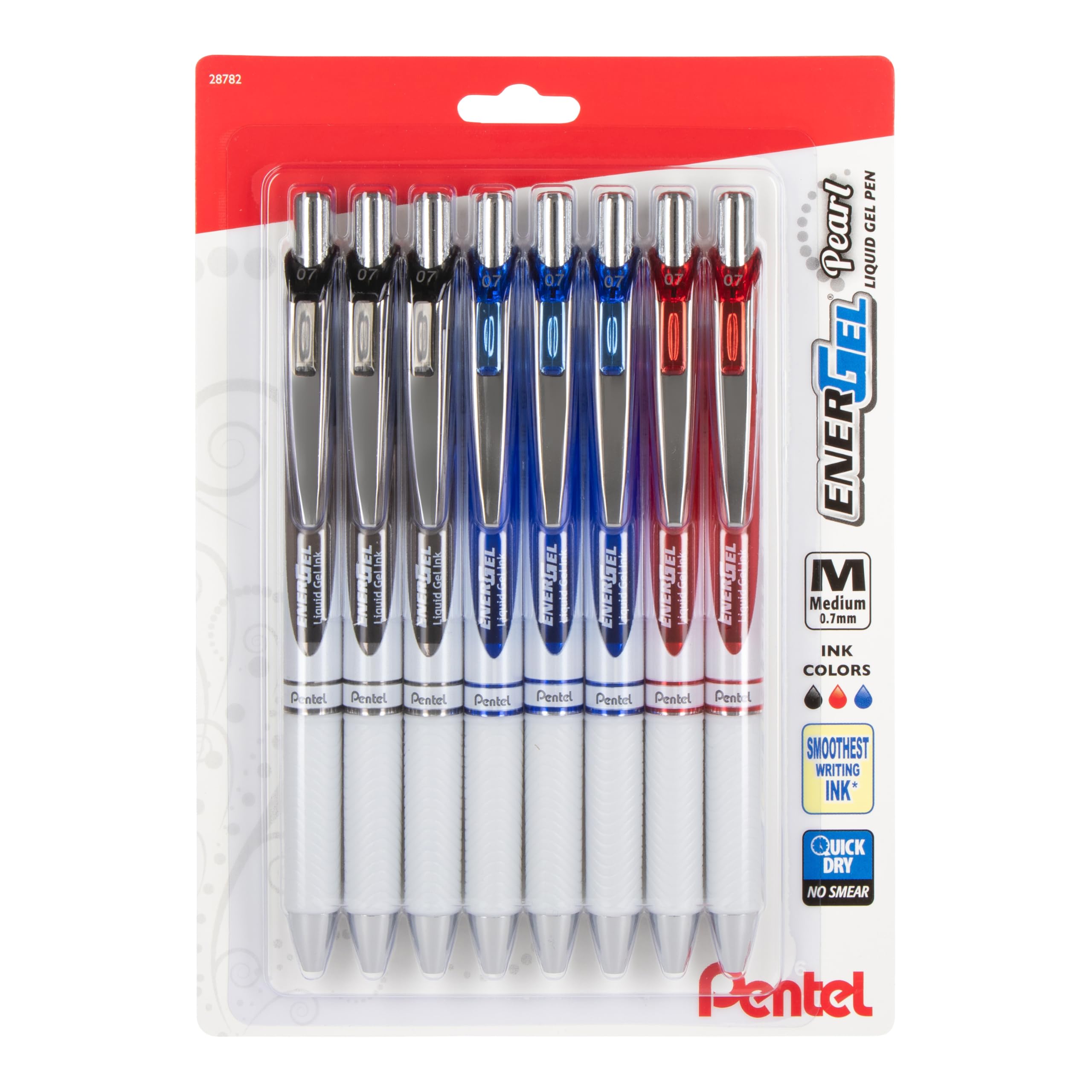 Pentel Energel Pearl Retractable Liquid Gel Pen, 0.7Mm, Medium Line, Black Red And Blue Ink, 8-Pk (Bl77Wbp8Ofc)