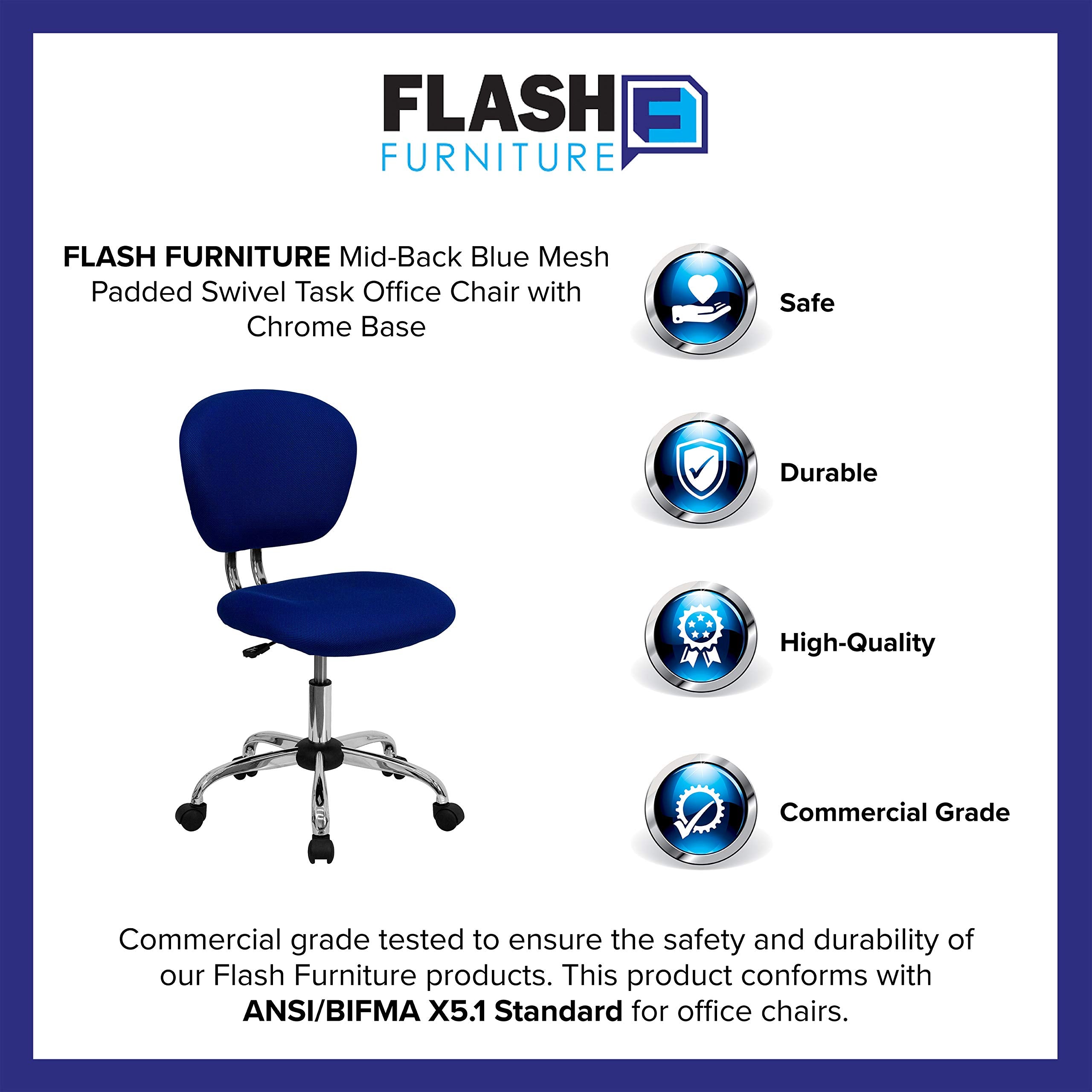 Flash Furniture Beverly Mid-Back Blue Mesh Padded Swivel Task Office Chair with Chrome Base