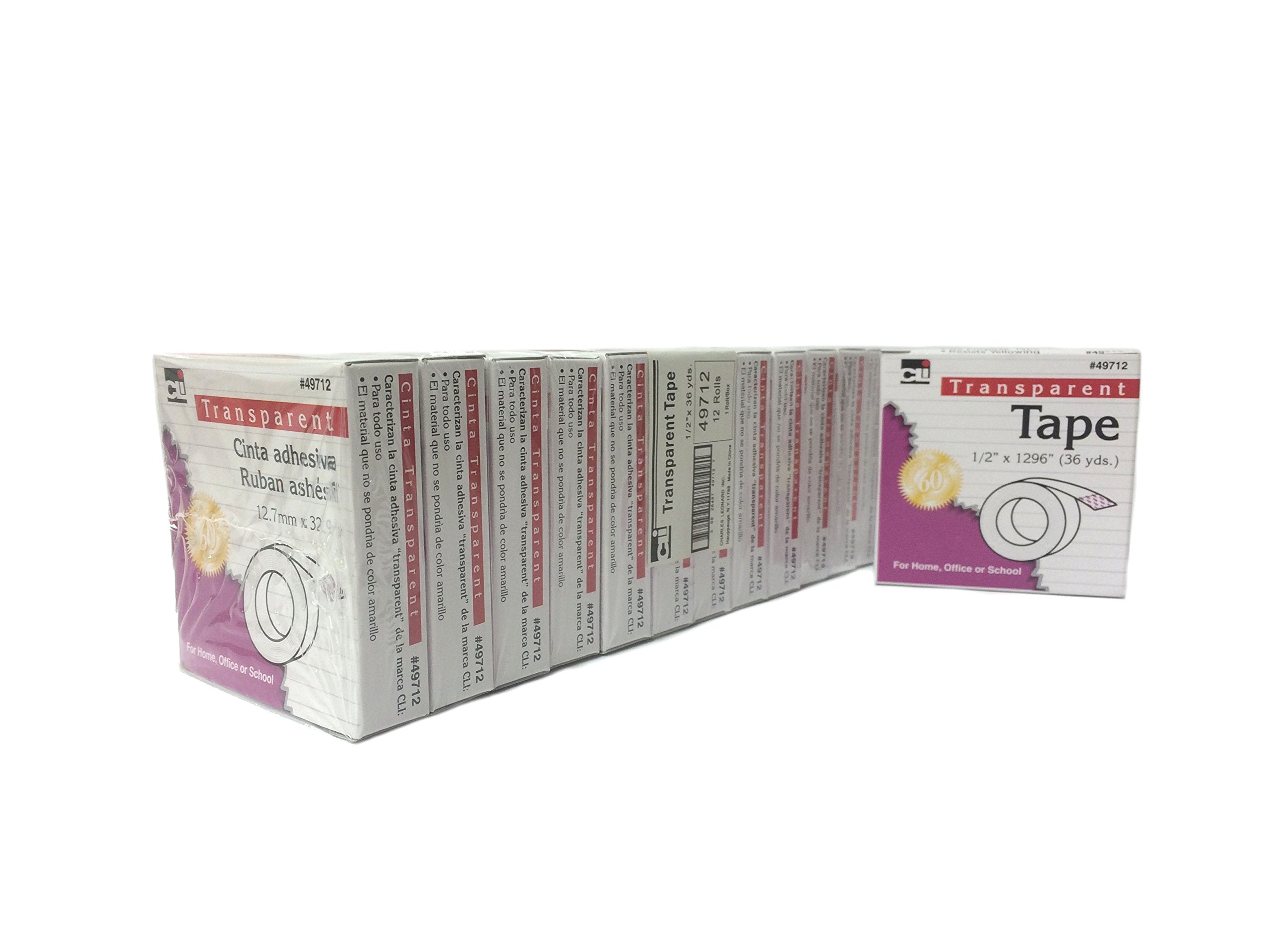 Charles Leonard Transparent Tape, 1/2 Inch Wide X 36 Yards Long, 1 Inch Core, 12 Rolls (49712)