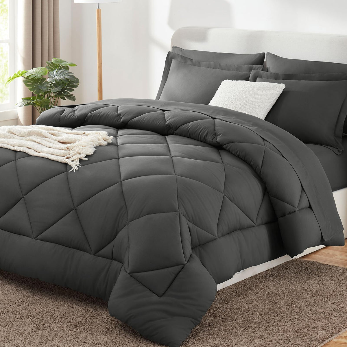 Cozylux Queen Bed In A Bag 7-Pieces Comforter Sets With Comforter And Sheets Dark Grey All Season Bedding Sets With Comforter, P