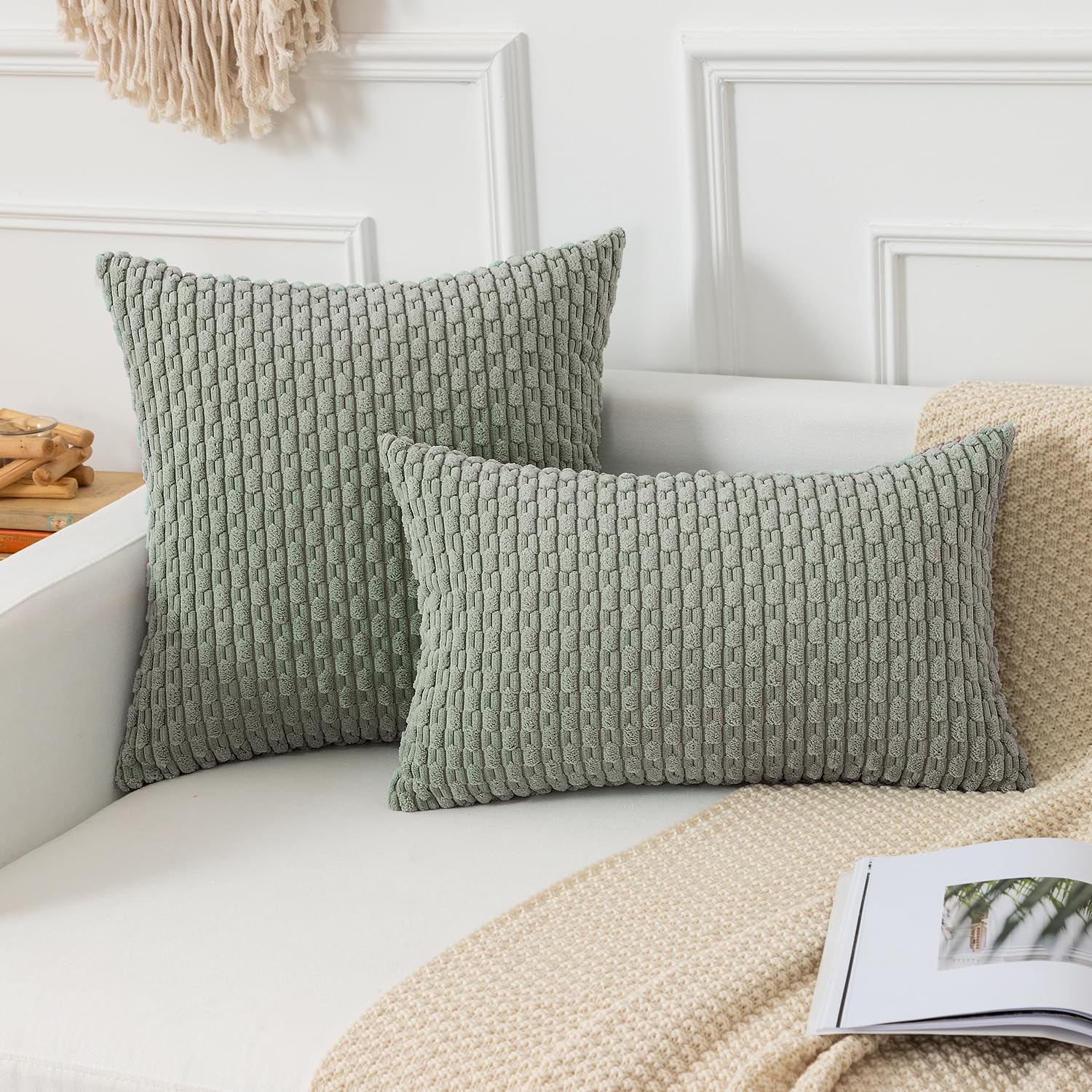 Kevin Textile Throw Pillow Covers Soft Corduroy Decorative Set Of 2 Boho Striped Pillow Covers Pillowcases Farmhouse Home Decor For Couch Bed Sofa Living Room 18X18 Inch Greyish Green