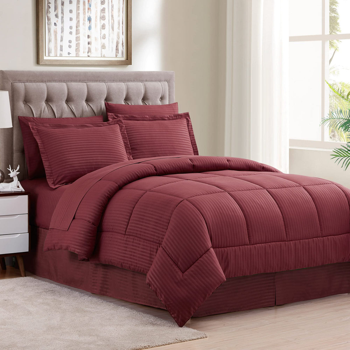 Sweet Home Collection 6 Piece Bed In A Bag With Dobby Stripe Comforter, Sheet Skirt, And Sham Set, Twin, Burgundy, 6, Case Pack