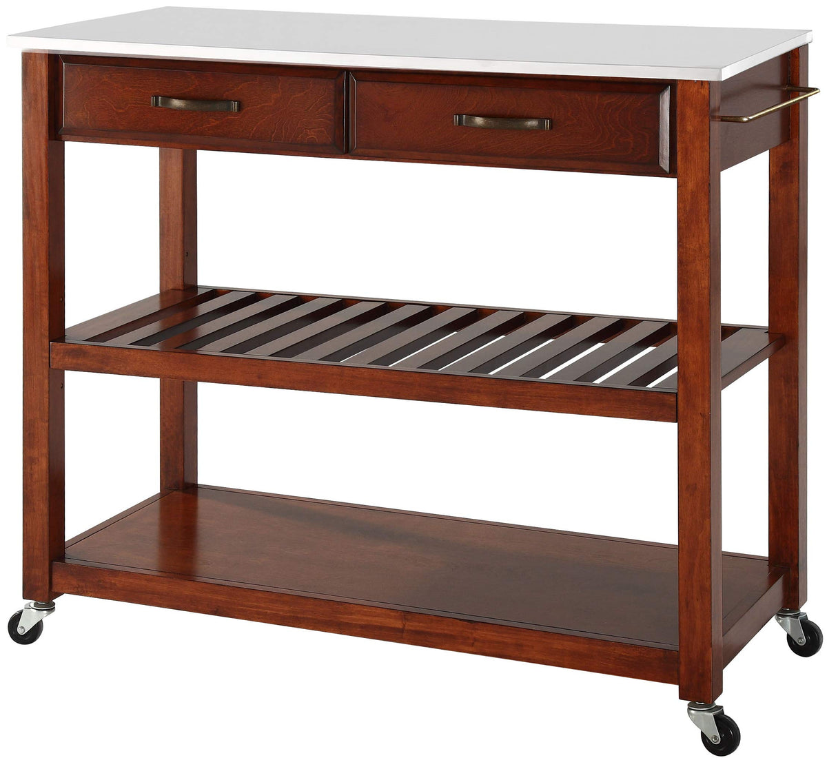 Crosley Furniture Stone Top Kitchen Prep Rolling Cart, Microwave Stand, Coffee Bar, With Shelves, Cherry