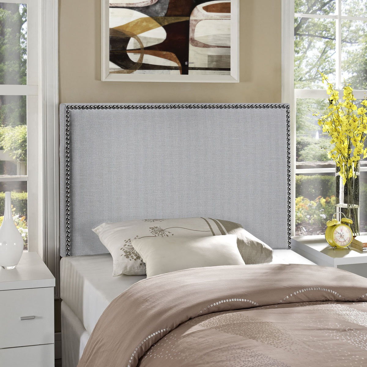 Modway Region Linen Fabric Upholstered Twin Headboard In Gray With Nailhead Trim