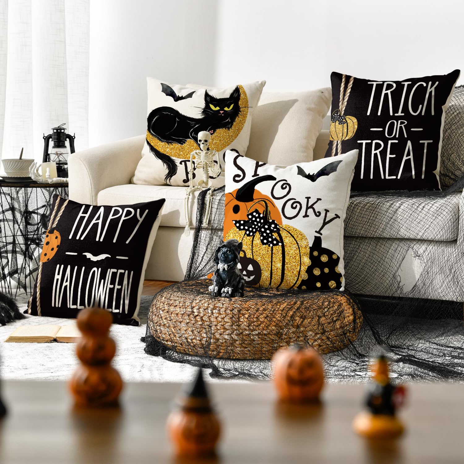 Avoin Colorlife Happy Halloween Boo Black Cat Trick Or Treat Throw Pillow Covers, 18 X 18 Inch Spooky Pumpkin Bat Cushion Case F