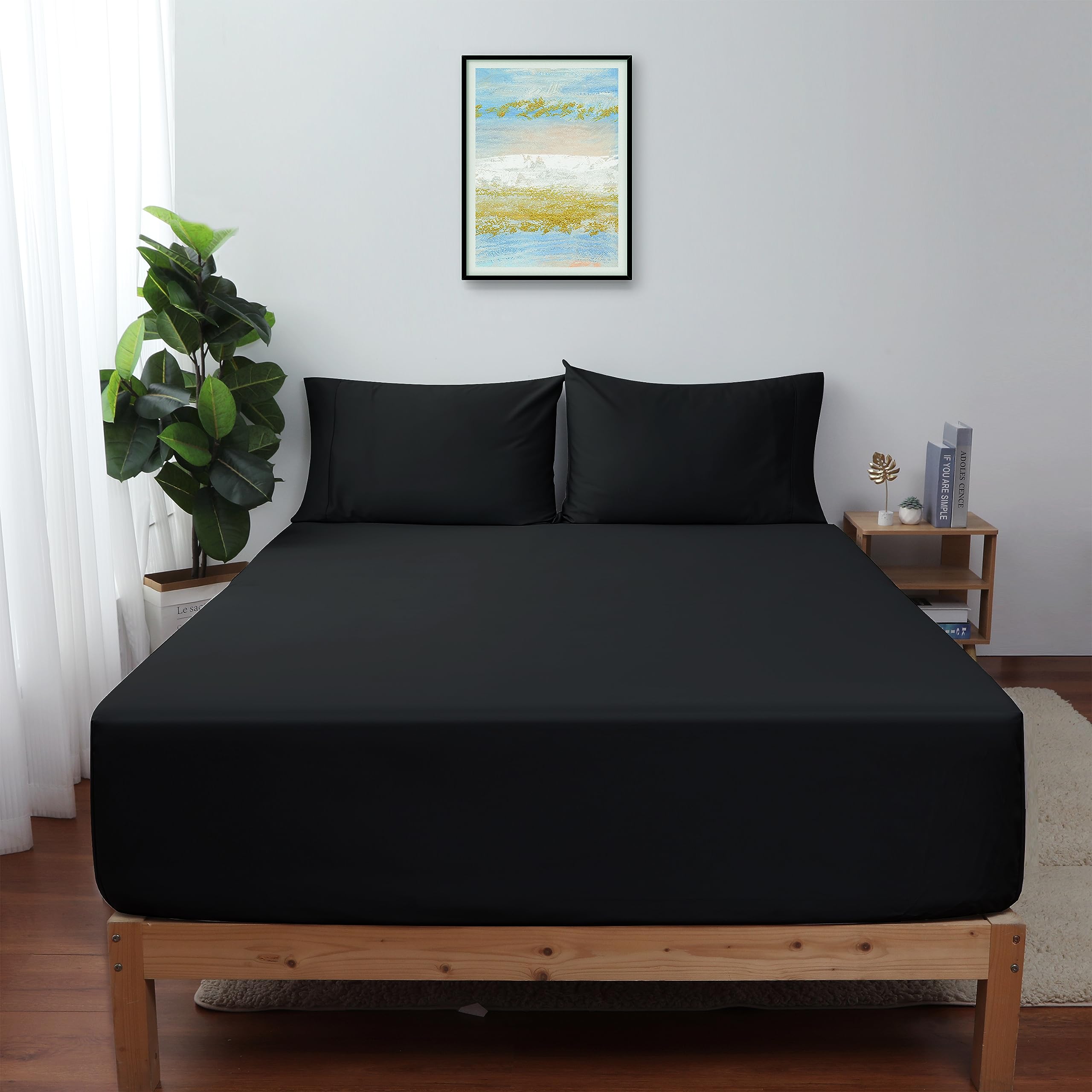 Queen Size Fitted Sheet Only Black, 100% Egyptian Cotton 600 Thread Count, 16'' Deep Pocket Premium Cotton Mattress Sheet (1 Bot