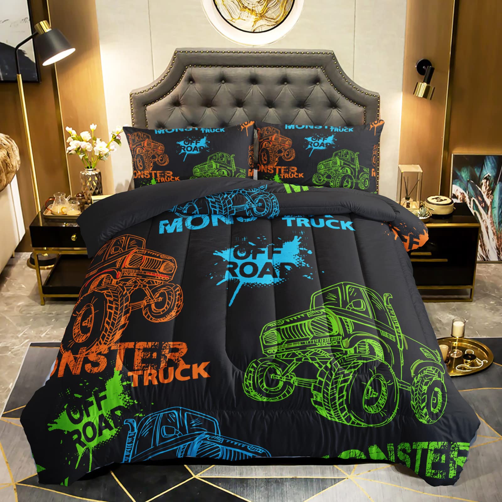 Qoomo Truck Comforter Twin Size,Black Truck Kids Comforter Set,Cars 3Pcs Bedding Set Printed Comforter With 2 Pillowcases,Down A