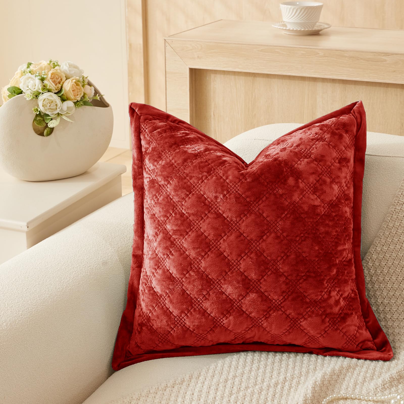 Cocoploceus 1 Piece 18X18 Pillow Cover Red Velvet Quilted Pillow Cover Farmhouse Square Cushion Cover Soft Decorative Texture Pi
