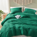 Codi Emerald Green Boho Queen Comforter Set, Aesthetic Luxurious Pom Fringe Design Bedding Full, Cute Soft Washed Microfiber Bed