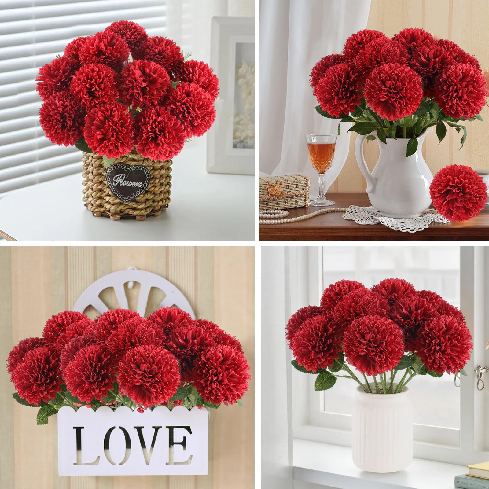 Hananona 12 Pcs Artificial Chrysanthemums Flowers Burgundy Flowers, Fake Mums Flowers Silk Flowers For Spring Home Decor Indoor