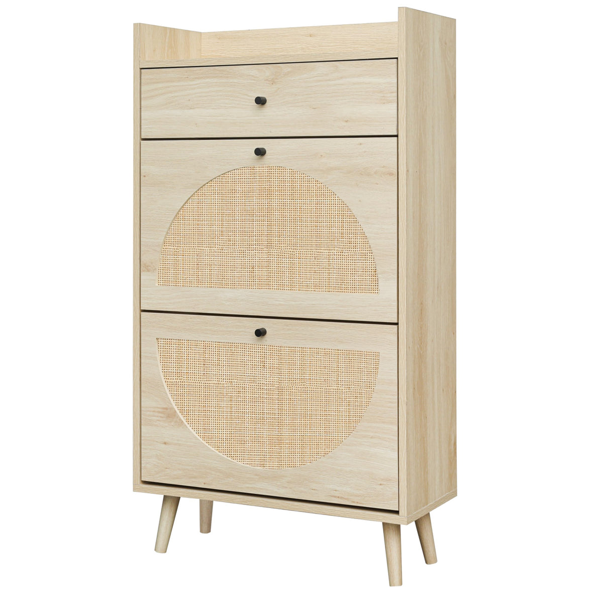 ZeHuoGe Natural Rattan Shoe Cabinet with 2 Flip Drawers, 2-Tier Shoe Rack Storage Cabinet for Heels, Slippers, Free Standing Sho