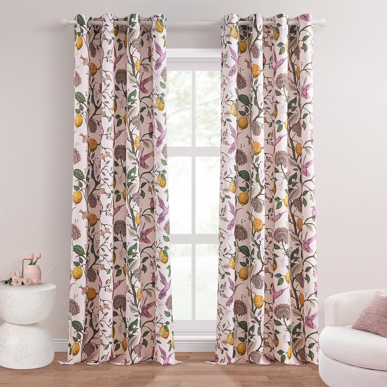 Topfinel Pink Curtains 102 Inches Long Cute Sound Dampening Pretty Vintage Elegant Whimsical Floral Hummingbird Dusty Rose Drape