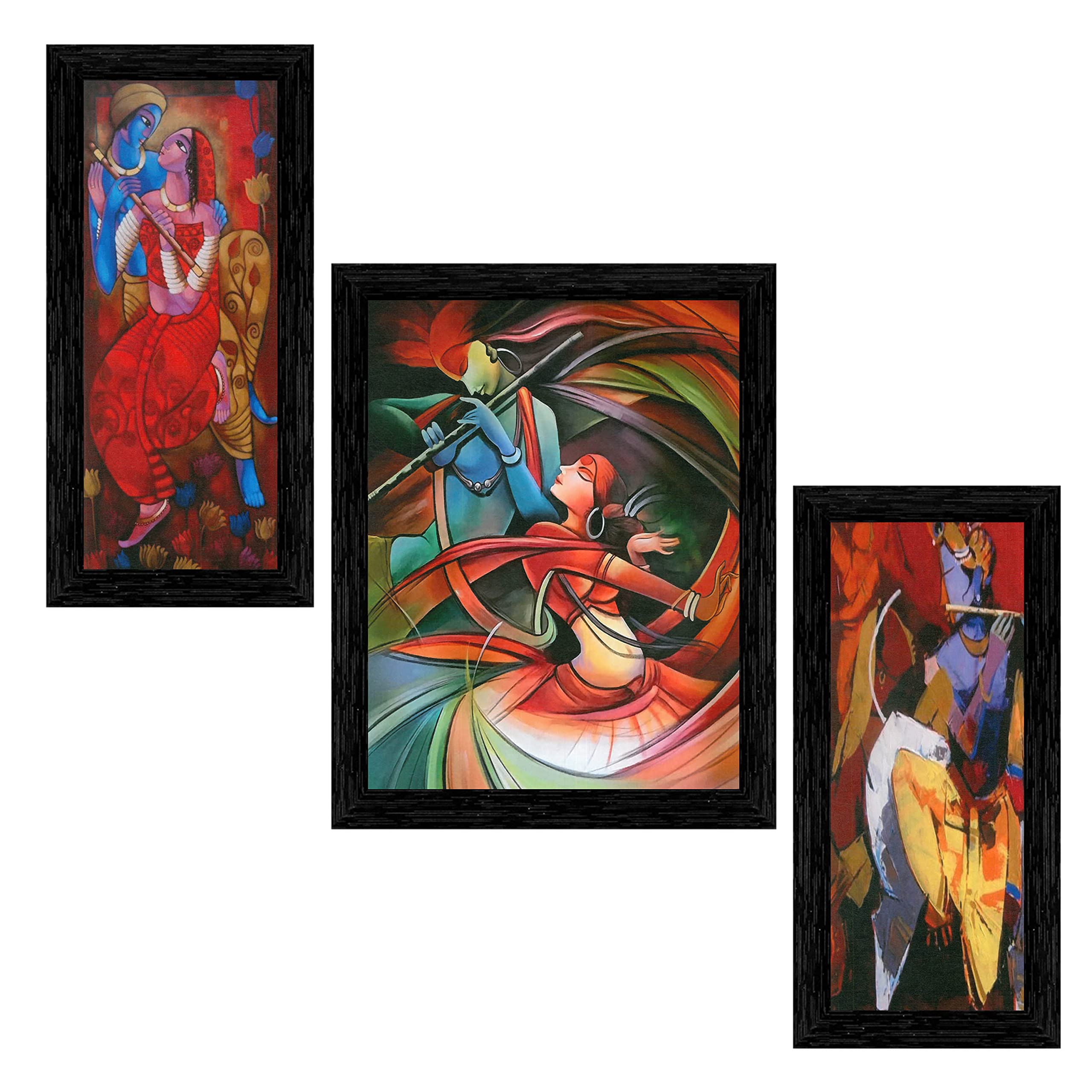 Indianara Set Of 3 Radha Krishna Framed Art Painting (4186Bk) Without Glass 6 X 13, 10.2 X 13, 6 X 13 Inch, (Multicolor)