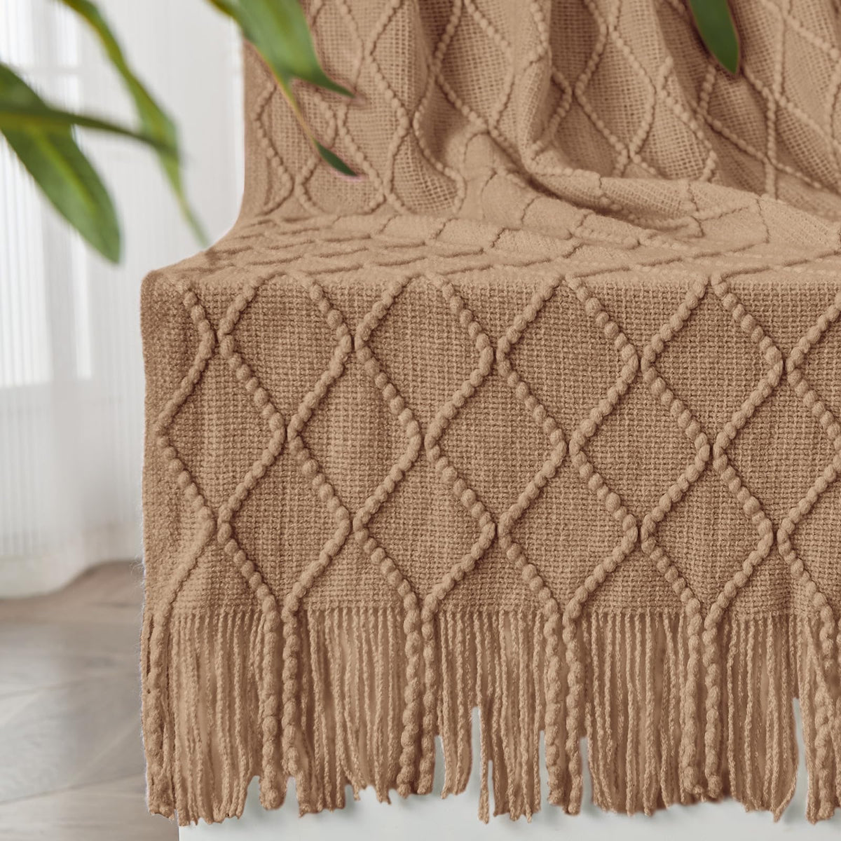 Inhand Knitted Throw Blankets For Couch And Bed, Soft Cozy Knit Blanket With Tassel, Khaki Lightweight Decorative Blankets And T
