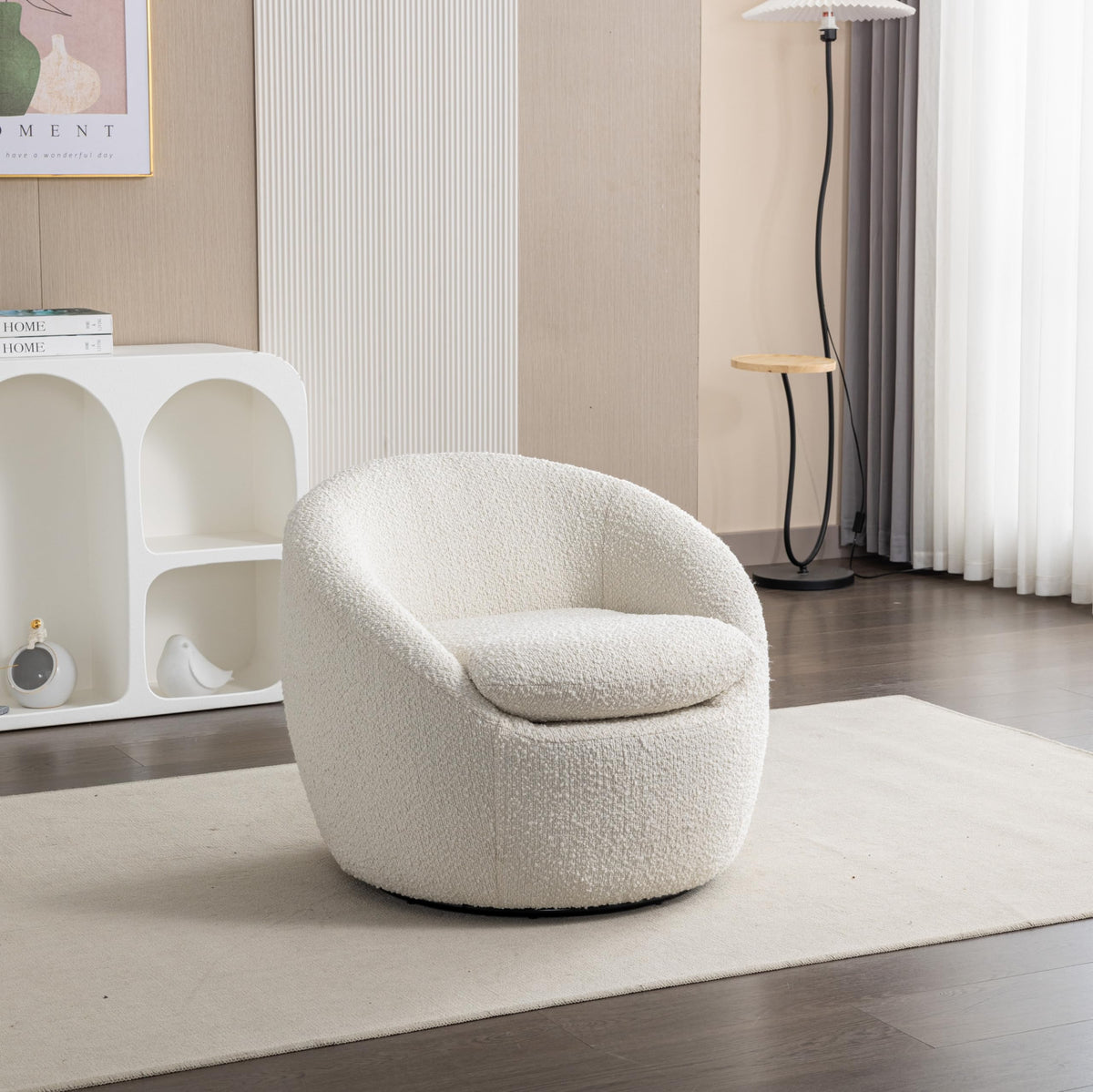 Roundhill Furniture Winnie Modern 360 Swivel Fabric Barrel Chair, White