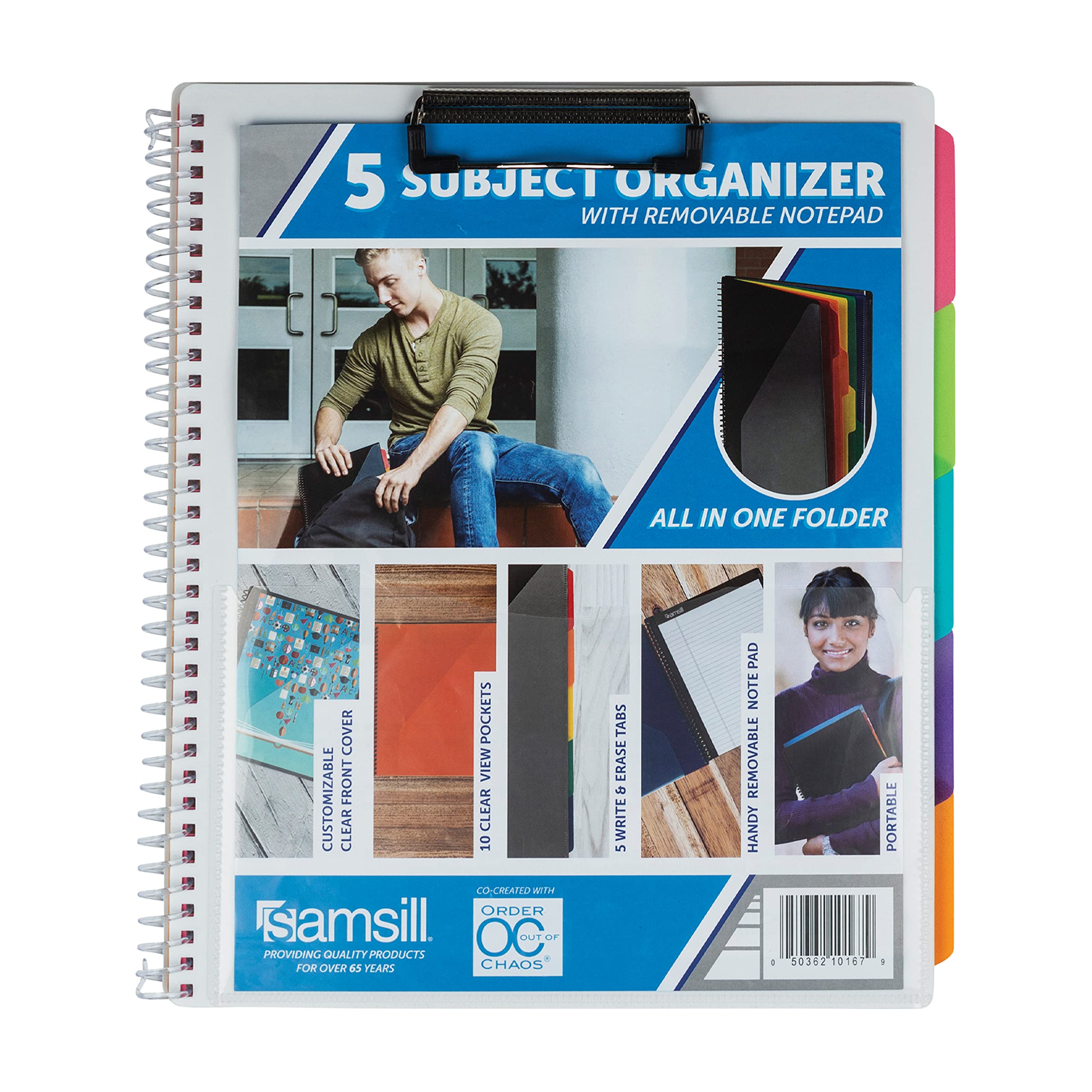 Samsill 5 Subject Spiral School Organizer With Clipboard And Removable Notepad, All-In-One Folder, 5 Dividers With 10 Pockets, F