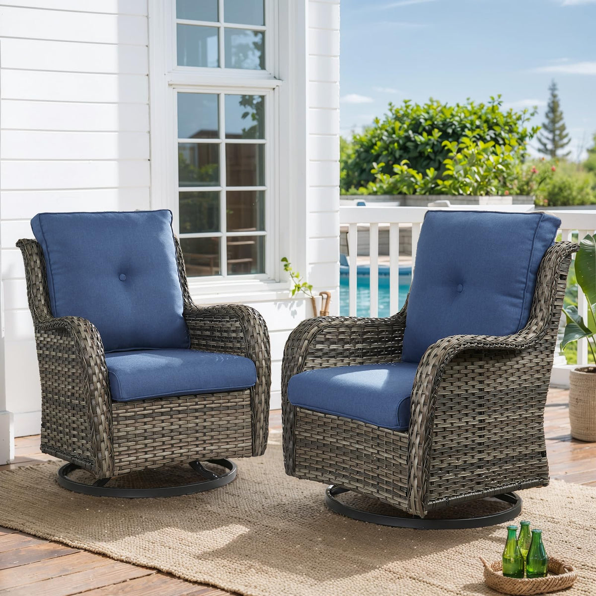 Hummuh Outdoor Swivel Rocker Wicker Patio Chairs Set Of 2, Rattan Rocking Chair Furniture Set (Grey,Blue)