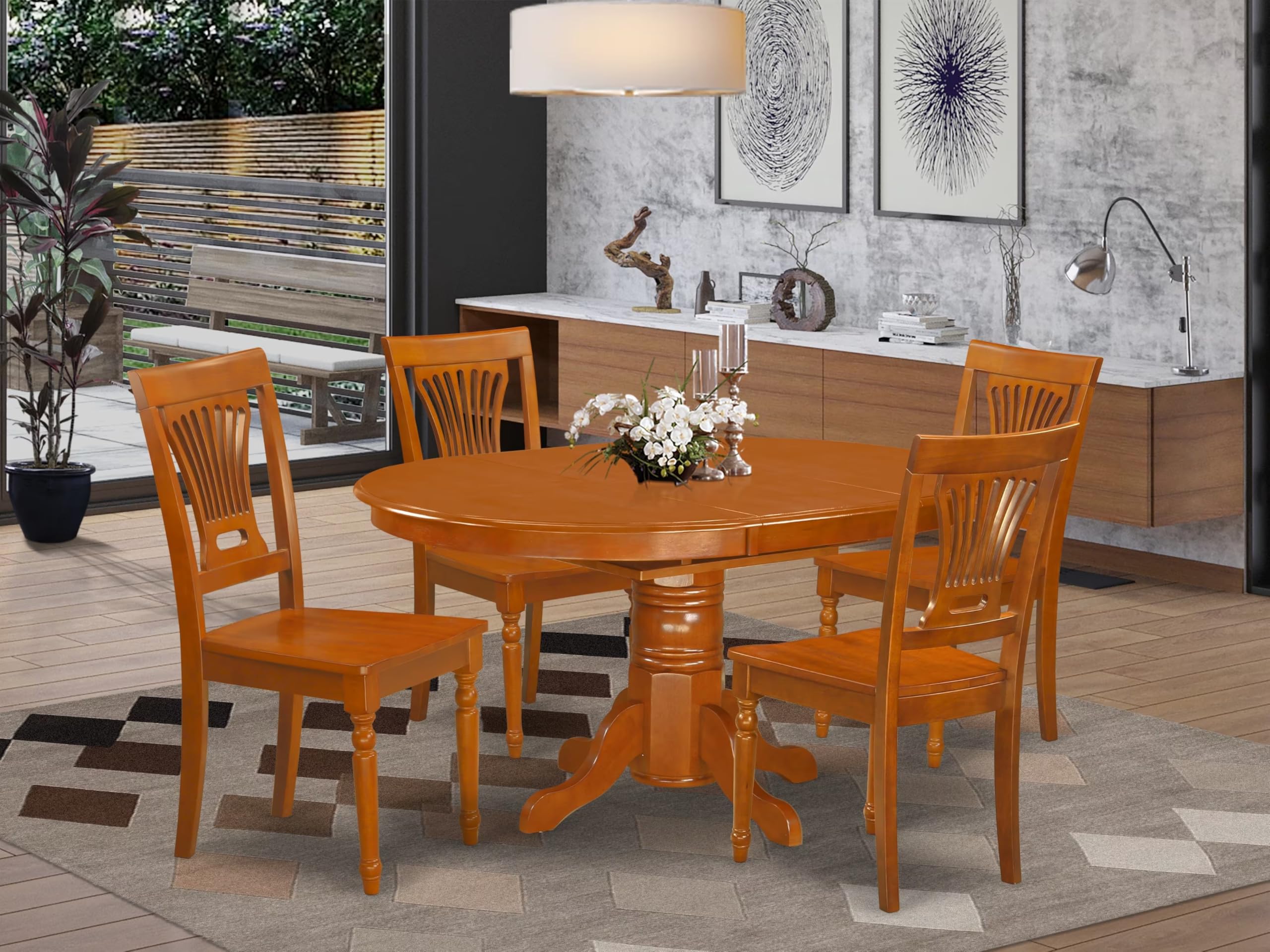 East West Furniture AVPL5-SBR-W Avon 5 Piece Dinette Set for 4 Includes an Oval Room Table with Butterfly Leaf and 4 Dining Chairs, 42x60 Inch