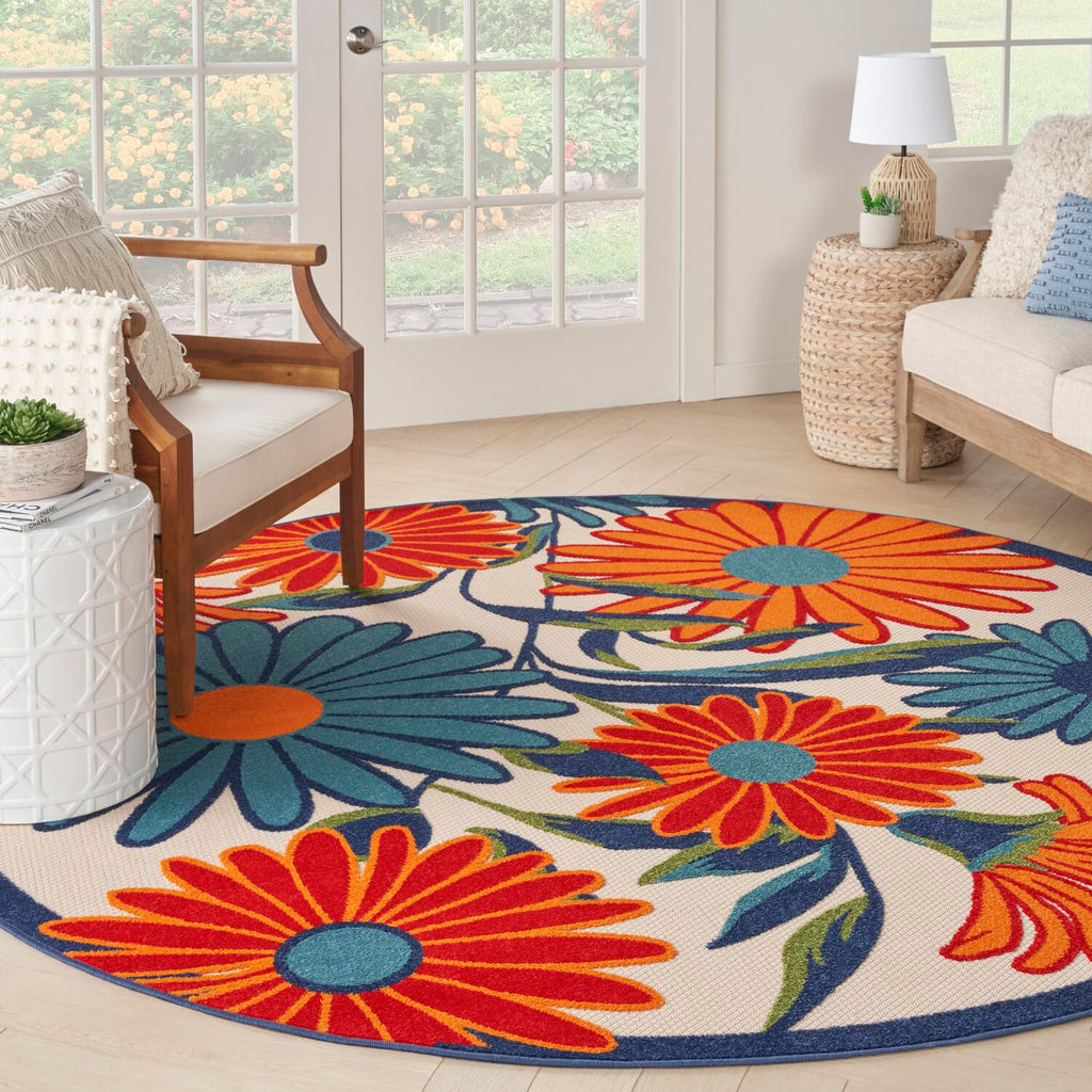 Nourison Aloha Indoor/Outdoor Multicolor 7’10” X Round Area Rug, Easy Cleaning, Non-Shedding, Bed Room, Living Room, Dining Room, Backyard, Deck, Patio (8 Round)