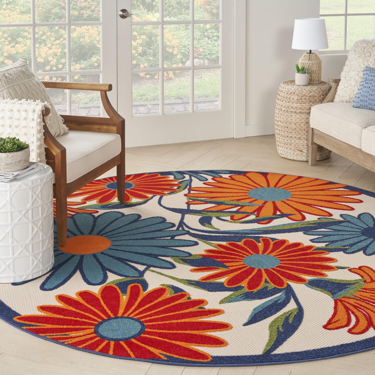 Nourison Aloha Outdoor Multicolor 10' X Round Area Rug, Easy Cleaning, Non Shedding, Bed Room, Living Room, Dining Room, Deck, Backyard, Patio (10 Round)