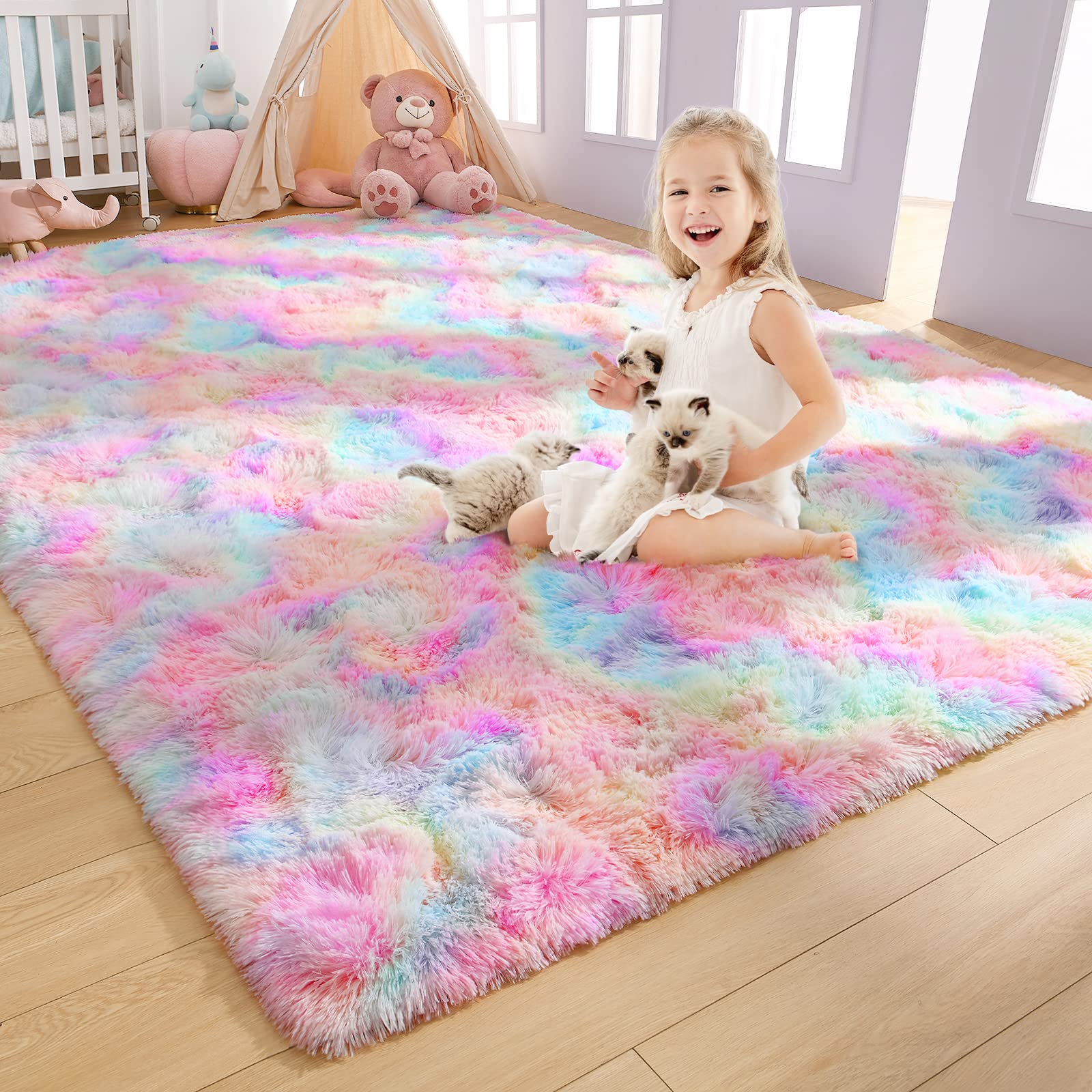 Arogan 6X9 Feet Soft Rainbow Area Rugs For Girls Room, Fluffy Girls Bedroom Rugs, Princess Rug, Cute Colorful Carpet For Kids Te