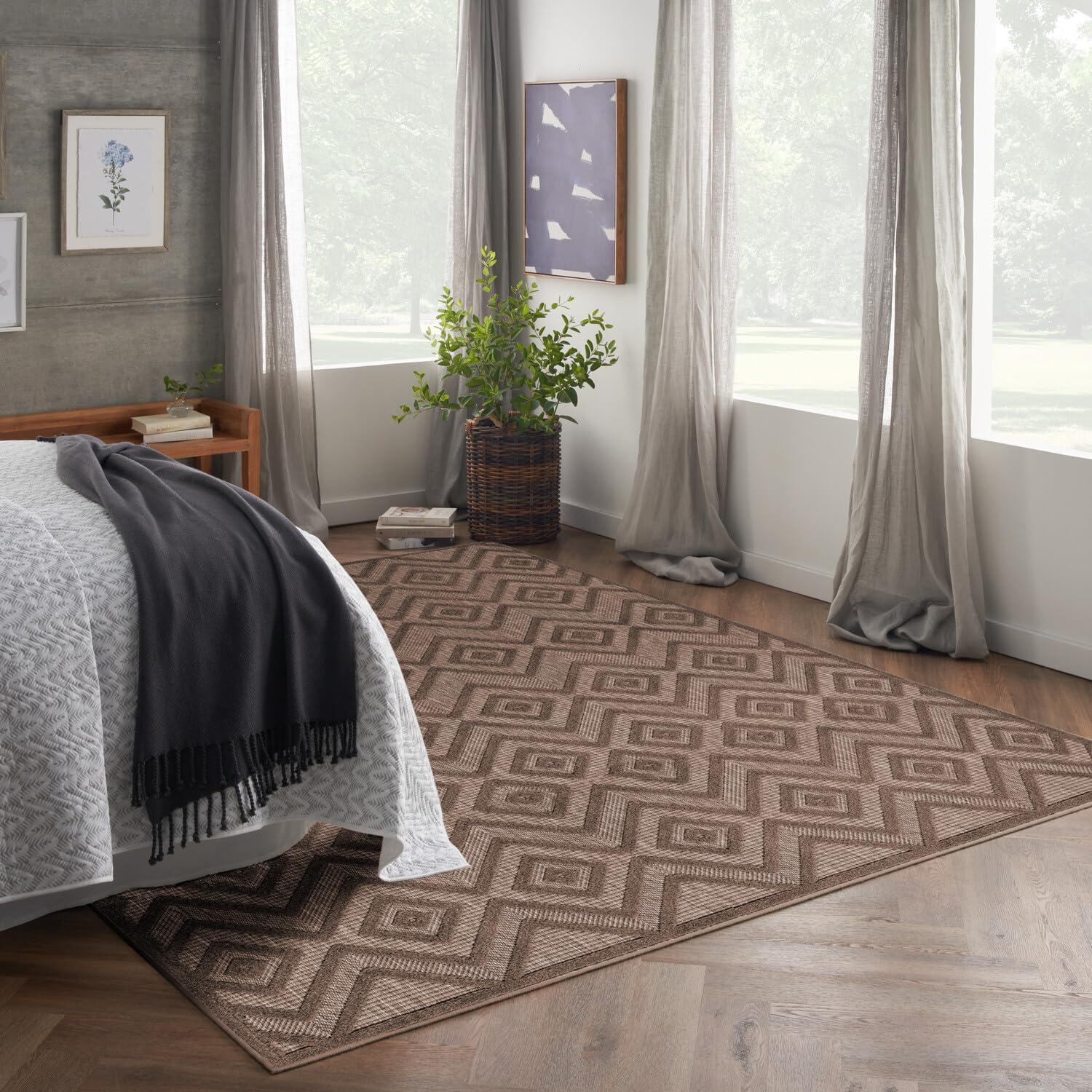 Nourison Versatile Modern Indoor/Outdoor Brown 9' X 12' Area Rug, Easy Cleaning, Non Shedding, Bed Room, Living Room, Dining Room, Backyard, Deck, Patio (9X12)