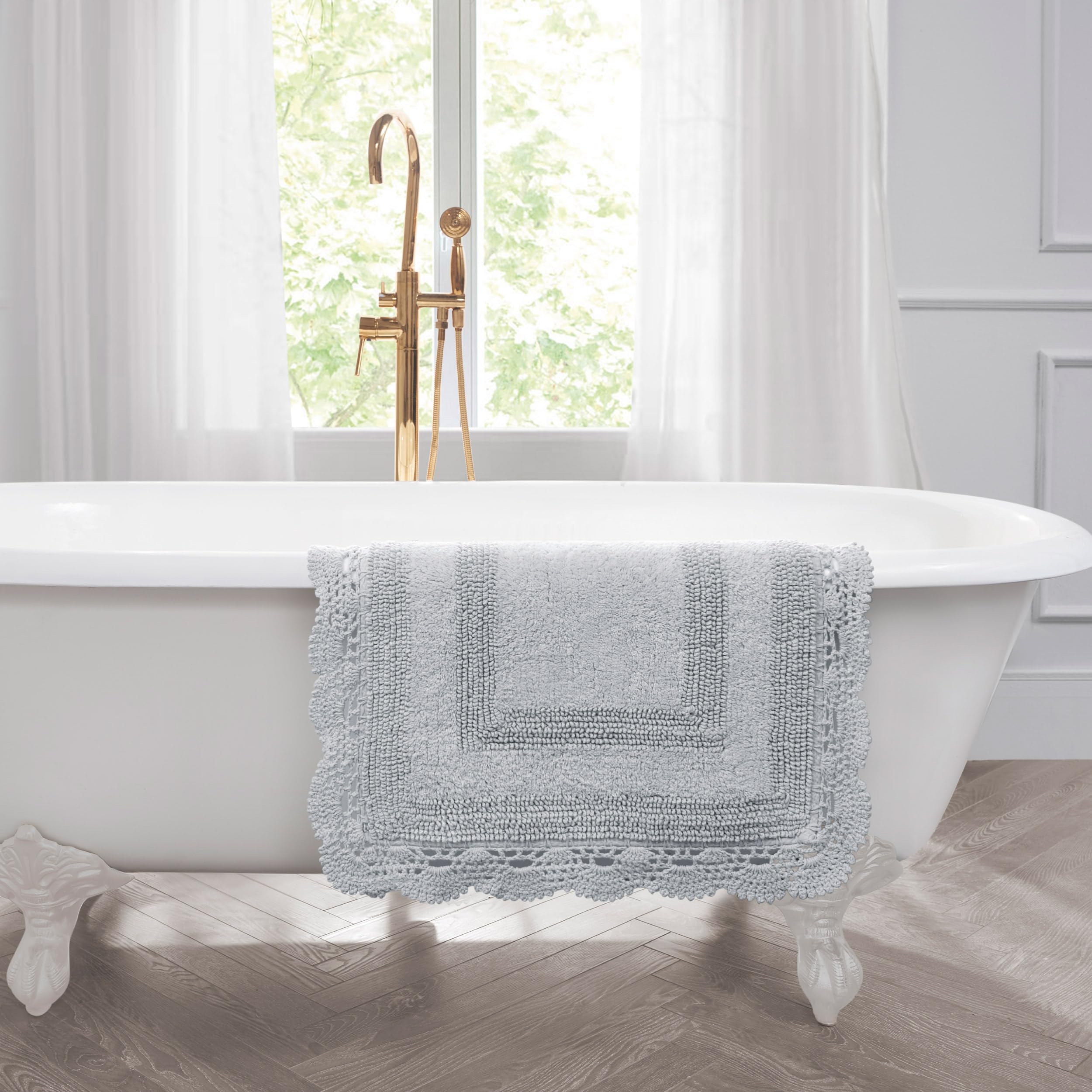 Laura Ashley Crochet Cotton 17X24/21X34 In. 2-Piece Bath Rug Set, Light Grey