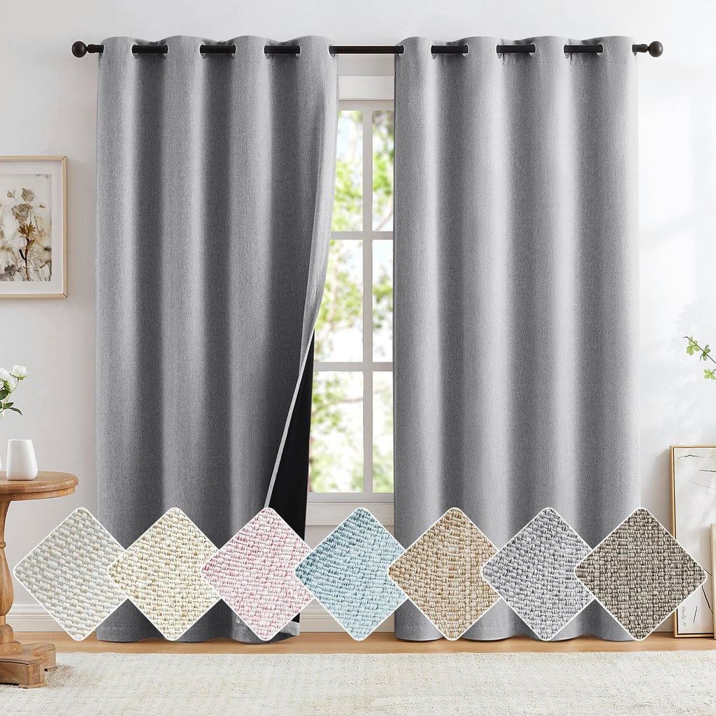 Total Blackout Grey Linen Curtains Panels for Bedroom, Casual Farmhouse Burlap Textured Room Darkening Window Treatment Set Ener