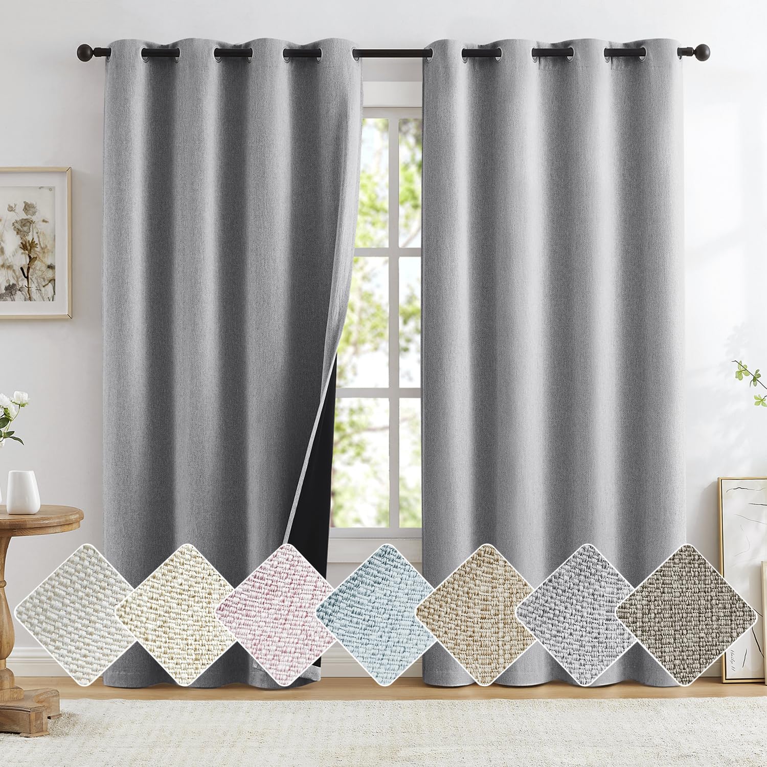 Total Blackout Grey Linen Curtains Panels for Bedroom, Casual Farmhouse Burlap Textured Room Darkening Window Treatment Set Ener