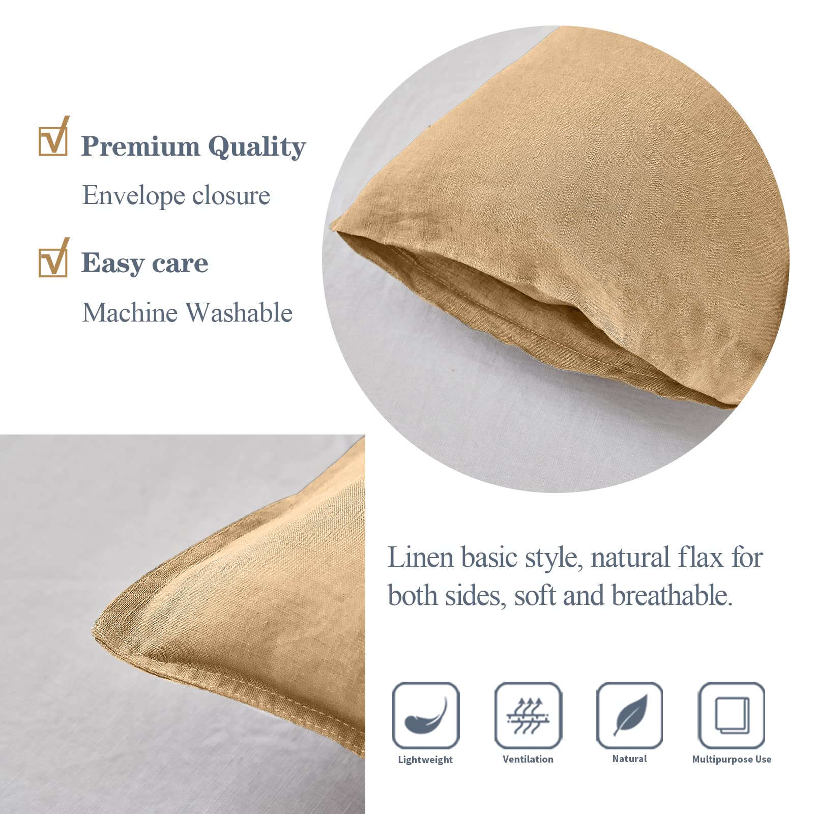 Simple&Opulence 100% Linen Lumbar Pillow Cover 12 X 20 Inches Set Of 2 Rectangular Decorative Throw Cushion Cover For Couch Sofa Bed Living Room Office Soft Breathable Farmhouse - Sand
